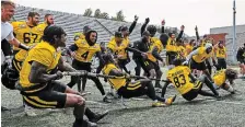  ?? BRANDON TAY LO R ?? Justin McGriff and teammates celebrate the Ticat offence’s tug of war victory over the defence in a team-bonding exercise on Monday. McGriff adds a different dimension to Hamilton’s offence with his massive six-foot-six frame.