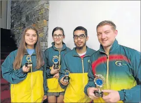  ??  ?? SWORD FIGHTERS: Proudly showing their trophies are, from left, Rachel Beukes, Isabella Finestone, Salmaan Schmidt and Jon-Paul Raper