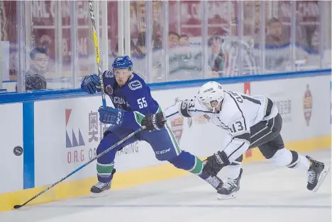  ?? NICOLAS ASFOURI/AFP/GETTY IMAGES ?? Canucks defenceman Alex Biega, pictured in pre-season action, could be looking at an increase in ice time after injuries to fellow blue-liners Alex Edler and Troy Stecher this season. He was in the lineup Thursday when the Canucks hosted the Washington...