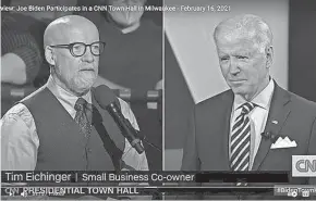  ?? SCREEN SHOT ?? Tim Eichinger, the co-owner of Black Husky Brewing in Milwaukee, questions President Joe Biden during a Feb. 16 town hall event at the Pabst Theater in Milwaukee.