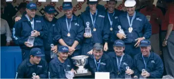  ??  ?? England celebrate winning double gold. Back row: Kevin Ashurst, Dave Vincent, Mike Stone, Kim Milsom, Alan Scotthorne and Bob Nudd. Front row: Pete Vasey, Mark Addy, Dick Clegg, Steve Gardener and Denis White.