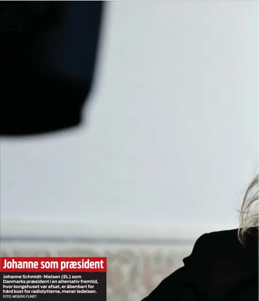  ?? FOTO: MOGENS FLINDT ?? Johanne som praesident
Johanne Schmidt- Nielsen (EL) som Danmarks praesident i en alternativ fremtid, hvor kongehuset var afsat, er åbenbart for hård kost for radiolytte­rne, mener ledelsen.