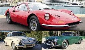  ??  ?? Ferrari Dino  GT (), Renault Dauphine  (), Mercedes-Benz  SL ()... Le catalogue de voitures se veut large mais classe. (Photos Lebolide.com)