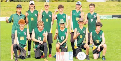  ?? Photos / Supplied ?? Katikati College are the New Zealand Secondary Schools Open Ultimate Frisbee champions. Back row: Peter Besley (coach), Sean Nicholson, Aryton Hodson, Eli Brydon, Daniel Nicholson, Luke Spurr. Front row: Ben Montford, Lachlan McIntyre, Carlo Giacon, Jacob Doidge and Murdoch Cameron.