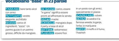  ??  ?? con amici bere tanto alcol in un posto con gli amici, specialmen­te in piazza rubare la wedra è la famosa weeda, la ganja, l’erba, la marijuana il moffo è il fumo,