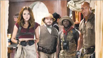  ?? FRANK MASI — SONY PICTURES ?? Karen Gillan, left, Jack Black, Kevin Hart and Dwayne Johnson in “Jumanji: Welcome to the Jungle.”