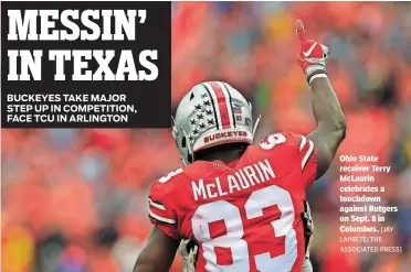  ??  ?? Ohio State receiver Terry McLaurin celebrates a touchdown against Rutgers on Sept. 8 in Columbus. [JAY LAPRETE/THE ASSOCIATED PRESS]