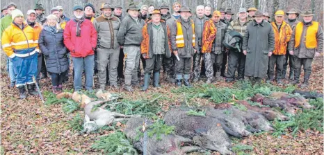  ?? SZ-FOTO: ELISABETH SOMMER ?? Die Jäger und Treiber haben am Freitag bei der Drückjagd das Schwarzwil­d gejagt.