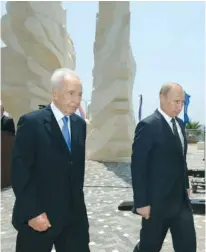  ?? (Avi Ohayon/gpo) ?? PRESIDENT SHIMON PERES and Russian President Vladimir Putin leave the site of the monument in Netanya yesterday.