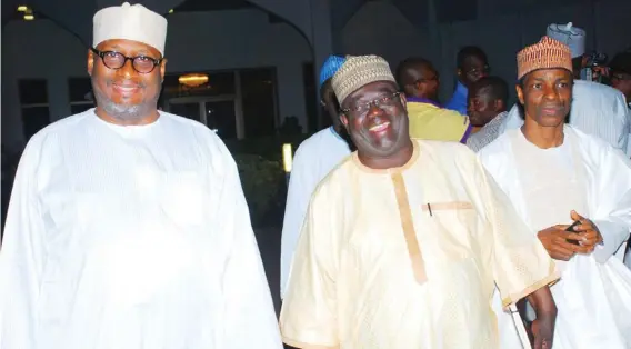  ?? PHOTO: STATE HOUSE PHOTOS ?? From left: PDP National Chairman Adamu Mu’azu, Governor Mu’azu Babangida Aliyu of Niger and Sokoto State Deputy Governor, Alhaji Muktar Shagari, at the PDP governors meeting with President Goodluck Jonathan at the State House on Monday night.