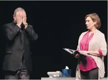  ?? CHRISTINA RYAN/ CALGARY HERALD ?? Sandy Winsby as Walter Flood, left, and Tracey Ferencz as Becky Foster rehearse for the Alberta Theatre Projects production of Becky’s New Car at the Martha Cohen Theatre.