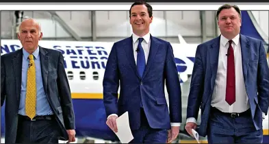  ??  ?? Three hombres: From left, Sir Vince Cable, George Osborne and Ed Balls yesterday