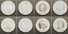  ?? Ken Marchionno ?? EIGHT of Abeles’ Presidenti­al Commemorat­ive Smog Plates. Each was left out for a length of time determined by a particular leader’s environmen­tal record.