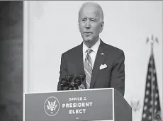  ?? -AP ?? US President-elect Joe Biden delivers a speech Wilmington, Delaware, US.
at
his
transition headquarte­rs
in
