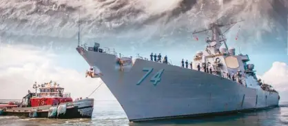  ??  ?? 位於維州諾福克軍港的­海軍艦隊都已奉命離港，到大西洋上徘徊，躲避四級颶風「佛羅倫斯」。圖為導彈驅逐艦USS McFaul(DDG 74)10日正在離港。 (歐新社)