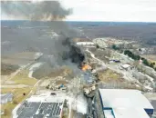  ?? GENE J. PUSKAR/AP ?? This photo taken with a drone shows portions of a Norfolk Southern freight train that derailed the night before in East Palestine, Ohio, still on fire at midday, Feb. 4.