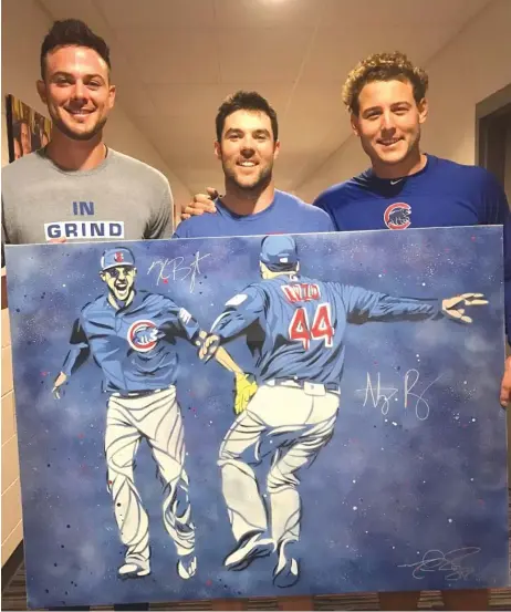  ??  ?? Matt Szczur ( center) made this painting of Kris Bryant and Anthony Rizzo, which will benefit Cubs charities. | INSTAGRAM. COM/ SUPERSZCZ4