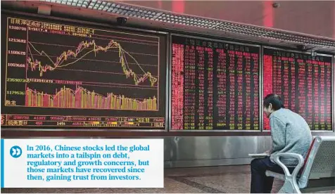  ?? Bloomberg ?? An electronic board displaying share prices at a brokerage in Beijing. Matthews expects positive returns from equities for the rest of the year, after stocks gained 5.5 per cent in the first quarter.