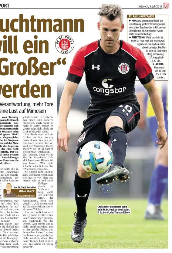  ??  ?? Christophe­r Buchtmann zählt beim FC St. Pauli zu den Säulen. Er ist bereit, das Team zu führen.