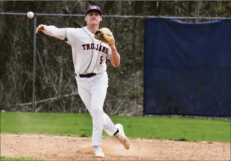  ?? Pete Paguaga / Hearst Connecticu­t ?? Lyman Hall’s Justin Hackett throws to first during a game against Sheltonat Pat Wall Field in Wallingfor­d.