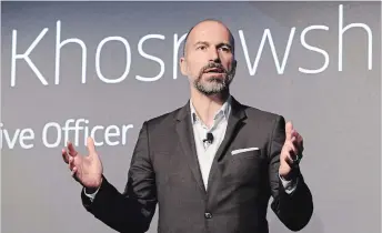  ?? RICHARD DREW THE ASSOCIATED PRESS ?? Uber CEO Dara Khosrowsha­hi unveils new safety features designed to to rebuild trust in the brand in New York on Wednesday.