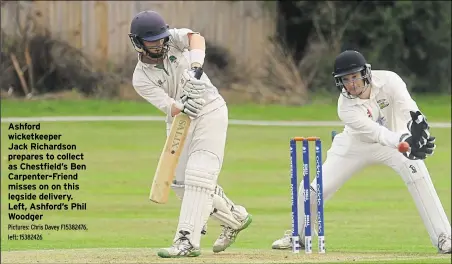  ?? Pi ctures: Chri s Davey F15382476, l eft; 15382426 ?? Ashford wicketkeep­er
Jack Richardson prepares to collect as Chestfield’s Ben Carpenter-Friend misses on on this legside delivery. Left, Ashford’s Phil Woodger