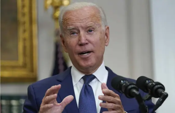  ?? AP FILE ?? OVERCOMING THE DEFICIT: President Biden speaks about the situation in Afghanista­n in the Roosevelt Room of the White House last Sunday in Washington.