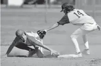  ?? JONATHON GRUENKE/STAFF ?? Menchville’s Christian Rodgers tags out Gloucester’s Cam Richardson as he lunges back to second base during Thursday’s baseball game.