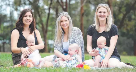  ??  ?? New mums Jane Taylor, with Ziggy, Sarah Trinne and William, and Stephanie Carlton and Alana met up after using the app Peanut.