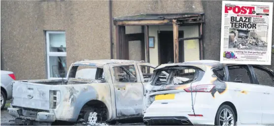  ??  ?? Reign of terror
Two burnt out cars and damage to a house at Knock Jarder farm near Dalrymple and, insert, how we reported one of the arsonist attacks in the village