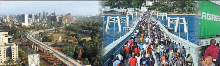  ?? ?? From left: A section of the Nairobi Expressway in Nairobi; The Liwatoni Floating Bridge that was built by China Road and Bridge Corporatio­n has eased traffic congestion at the Likoni crossing channel located on the southern tip of Mombasa; People celebrate the opening of the Mombasa-Nairobi standard gauge railway on May 30, 2017. With projects including railways and bridges, the Belt and Road Initiative is adding ever greater connectivi­ty to Kenya.