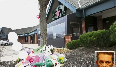  ??  ?? Senseless: A small memorial being displayed outside Austins Bar and Grill in Olathe. (Inset) The shooter, Purinton. — AP