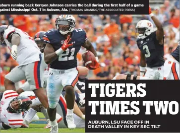  ?? [THOMAS GRANING/THE ASSOCIATED PRESS] ?? Auburn running back Kerryon Johnson carries the ball during the first half of a game against Mississipp­i Oct. 7 in Auburn, Ala.