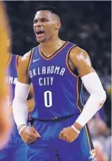  ??  ?? Russell Westbrook had no problem against a Warriors defense that committed 24 fouls. The reigning MVP had 34 points, nine boards and nine assists.