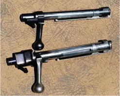  ??  ?? Let op hoe klein (amper tingerig) die Kimber se slot is (bo) in vergelykin­g met dié van ‘n M98-Mauser. Die Kimber-slot het egter genoeg staal in die regte plekke om te verseker dat dit sterk genoeg is.