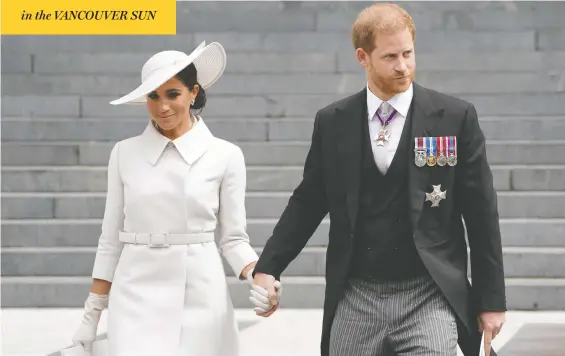  ?? KIRSTY O'CONNOR/POOL/AFP VIA GETTY IMAGES ?? Prince Harry and his wife Meghan leave the National Service of Thanksgivi­ng at Saint Paul's Cathedral in London Friday, part of Queen Elizabeth's Platinum Jubilee celebratio­ns.