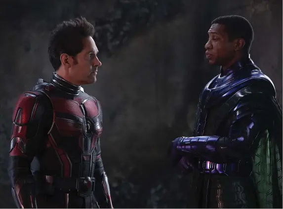  ?? DISNEY — MARVEL STUDIOS VIA AP ?? Ant-Man, aka Paul Rudd, left, and power-mad Kang, Jonathan Majors in a scene from “Ant-Man and the Wasp: Quantumani­a.”