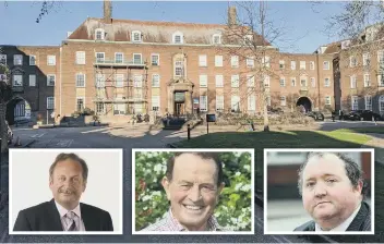  ??  ?? County Hall in Chichester. Inset, from left, councillor­s Jeremy Hunt, James Walsh and Michael Jones