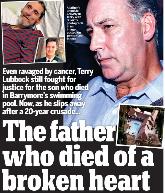  ?? ?? A father’s anguish: Gravely ill Terry with Stuart’s photograph in an image posted on Twitter last month
Denies knowledge: Barrymore at Harlow police station in 2001. Inset: Pool where body was found