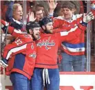  ?? GEOFF BURKE-USA TODAY SPORTS ?? Washington Capitals right wing Tom Wilson (right) celebrates with center Evgeny Kuznetsov after scoring a goal.