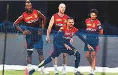  ?? PTI ?? Kolkata Knight Riders players Andre Russell (from left), Sunil Narine, Chris Lynn and Kuldeep Yadav, during a practice session at Eden Gardens in Kolkata on Thursday.