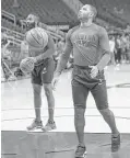  ?? Marie D. De Jesús / Houston Chronicle ?? Rockets guard Eric Gordon, right, and James Harden display their warm-up attire before a game against the Raptors at Toyota Center. Players customize their warm-up outfits when they can.