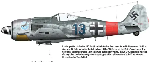  ??  ?? A color profile of the Fw 190 A-8 in which Walter Dahl was filmed in December 1944 at Jüterbog Airfield showing the full extent of the “Defense of the Reich” markings. The individual aircraft number 13 in blue was outlined in white. The JG 300 badge consisted of a sky blue circle showing a white gunsight with a silhouette of a B-17 as a target. (Illustrati­on by Tom Tullis)