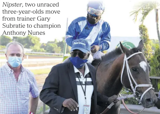  ??  ?? Trainer Gary Subratie (left) and owner Michael Bernard with Nipster after the three-year-old won the Ian Levy Cup. The jockey is Robert Halledeen.