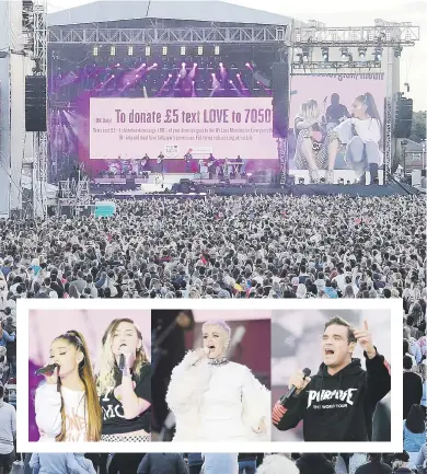  ??  ?? EMOTIVO ENCUENTRO. One
Love Manchester contó con Ariana Grande, Miley Cyrus, Katy Perry y Robbie Williams, entre otras celebridad­es que cantaron en el estadio Emirates Old Trafford.