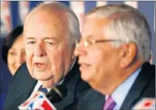  ?? By Gerald Herbert, AP ?? NBA only: NBA Commission­er David Stern, right, steered Saints owner Tom Benson away from NFL talk Monday.