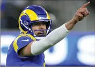  ?? JAE C. HONG — THE ASSOCIATED PRESS ?? Rams QB Matthew Stafford (9) gestures during the second half of the wild-card playoff game against the Arizona Cardinals in Inglewood, Calif. on Monday.