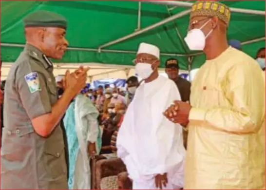  ??  ?? Inspector General of Police, Mohammed Adamu Police Affairs Minister, Muhammad Maigari Dingyadi and and Governor Abdullahi Sule at the Inaugurati­on