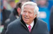  ?? CHARLIE NEIBERGALL/AP PHOTO ?? In this Jan. 20 file photo, New England Patriots owner Robert Kraft walks on the field before the AFC Championsh­ip game between the Kansas City Chiefs and the New England Patriots, in Kansas City, Mo.