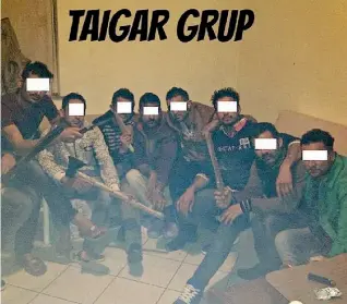  ??  ?? Armati Una foto in cui sono presenti anche due dei tre nuovi fermati e alcuni dei cinque indagati per l’omicidio di Palosco: impugnano asce e coltelli. Compare la scritta «Taigar grup» che in India richiama ambienti criminali. Sopra, le armi sequestrat­e